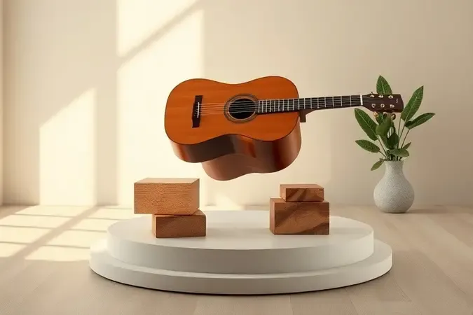 Cena 3D conceitual mostra critérios para escolher violão folk: som, conforto, materiais e custo-benefício.