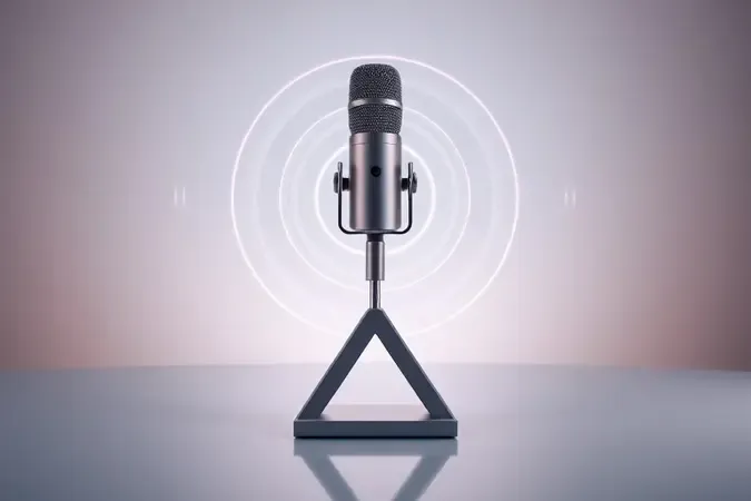 Microfone sem fio minimalista sobre suporte geométrico com ondas sonoras abstratas em iluminação de estúdio