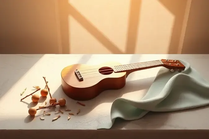 Natureza morta conceitual com ukulele, palhetas abstratas e cavacos de madeira para critérios de escolha