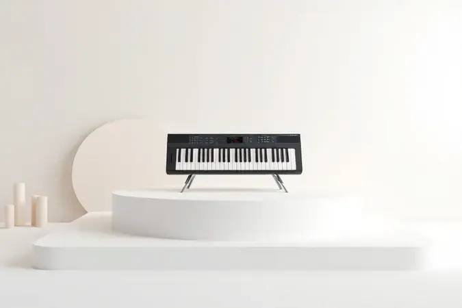Teclado digital exibido em podio minimalista com fundo limpo e conceito de escolha ideal