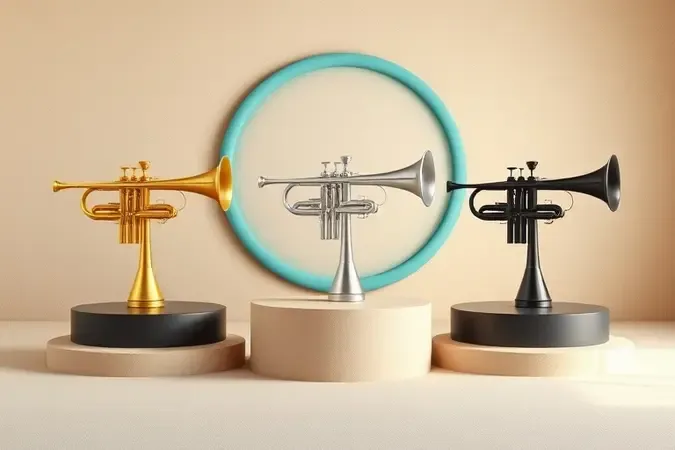 Comparação visual conceitual de trompetes para ajudar iniciantes a escolher modelo, material e orçamento.