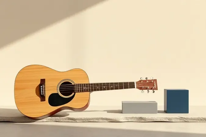 Cena 3D mostra critérios para escolher violão de aço: som, conforto, durabilidade e custo-benefício.