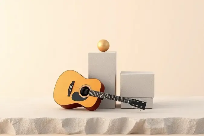 Composição conceitual minimalista de violão acústico com blocos esculturais em tons claros, representando a escolha do melhor instrumento.