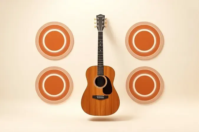 Cena conceitual de violão acústico com elementos que representam conforto, tamanho, som e qualidade para iniciantes.
