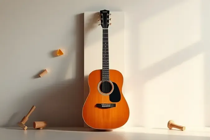 Ilustração conceitual de violão apoiado em parede de madeira com elementos flutuantes, guiando a escolha ideal para igrejas
