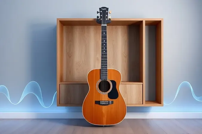 Cena conceitual de violão acústico sem marca em estúdio moderno com formas de ondas sonoras
