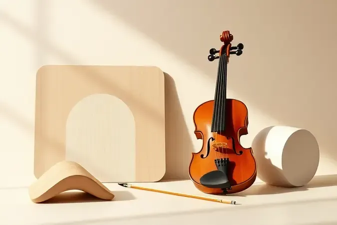Cena conceitual com violino infantil e amostras de madeira ilustrando como escolher o instrumento