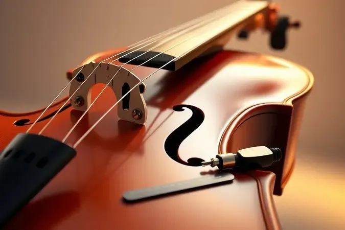 Detalhe do violoncelo destacando ponte e cordas em cena conceitual de escolha do instrumento