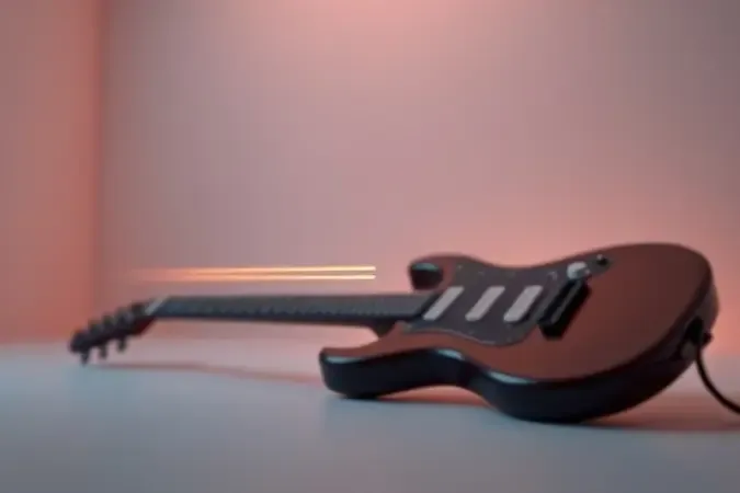 Render conceitual de afinador transformando ondas sonoras em barras de luz suaves ao lado de um guitarra minimalista