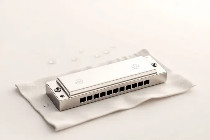 Cena de manutenção e limpeza de gaita de boca com pano de microfibra e gotas de água em render 3D zen