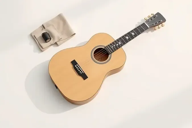 Composição minimalista de violão acústico com afinador e pano sobre superfície branca limpa