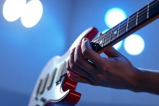 Dedos tocando as cordas de uma guitarra elétrica em um estudo de teste com iluminação suave.