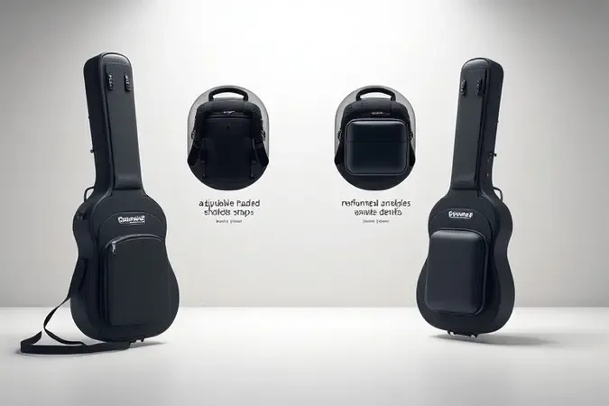 comparação ergonômica de alças e compartimentos de capas de guitarra em cena conceitual limpa