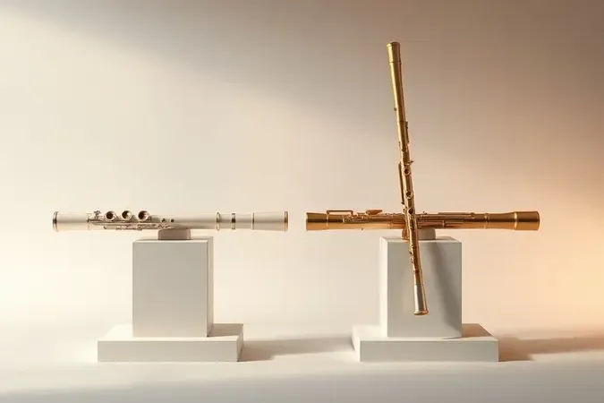 Comparação conceitual de flauta doce e flauta transversal em pedestais com iluminação profissional