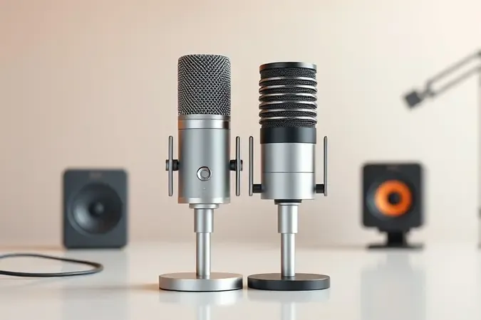 Comparação conceitual entre microfone dinâmico e microfone condensador em estúdio minimalista.
