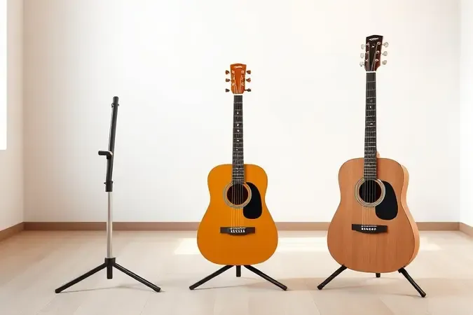 Comparação conceitual de três modelos de suportes para violão expostos em estúdio iluminado