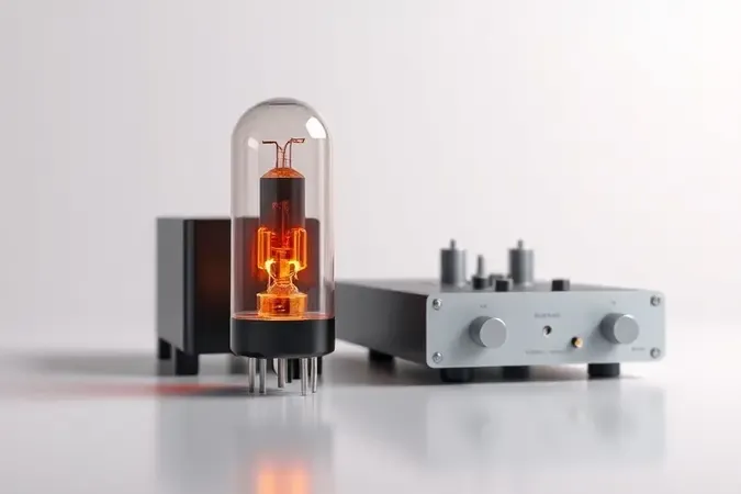 Comparação conceitual entre válvula incandescente e placa de amplificador transistorizado em cena moderna