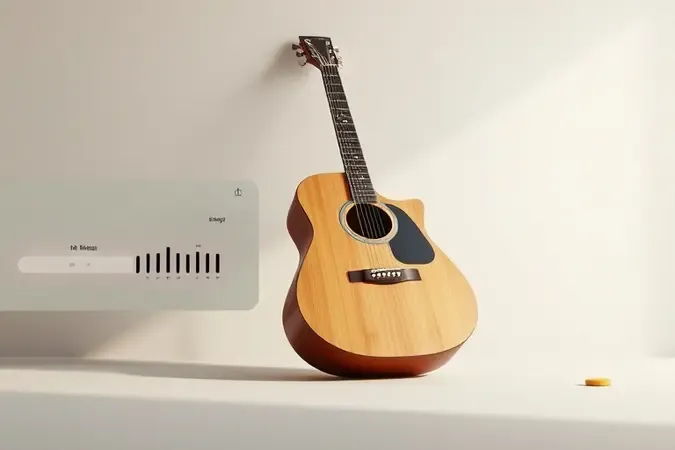Render 3D conceitual de violão elétrico com painel de controles e captador minimalista.