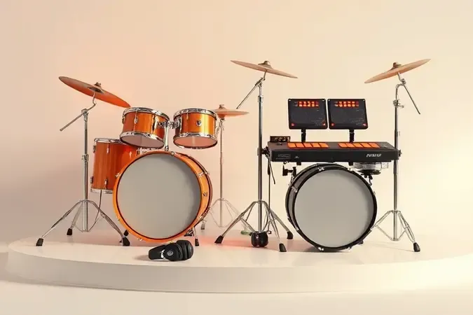 Comparativo conceitual 3D de bateria acústica infantil e bateria eletrônica com fone de ouvido