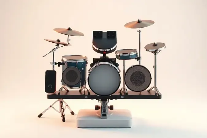 Componentes essenciais de bateria eletrônica, incluindo módulo, hi-hat, pedal de bumbo e pads.
