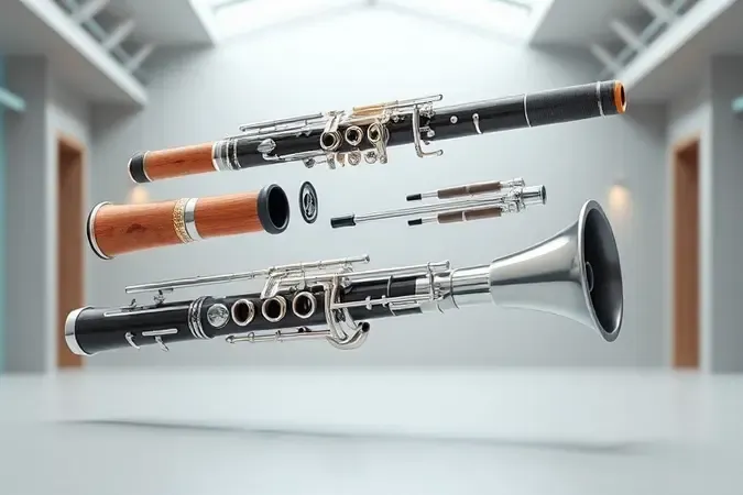 Vista explodida conceitual das peças de um clarinete sem marca, flutuando sobre superfície clara com iluminação de estúdio.