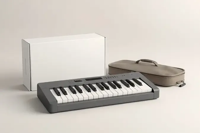 Teclado musical em caixa de entrega minimalista sobre superfície limpa com iluminação suave