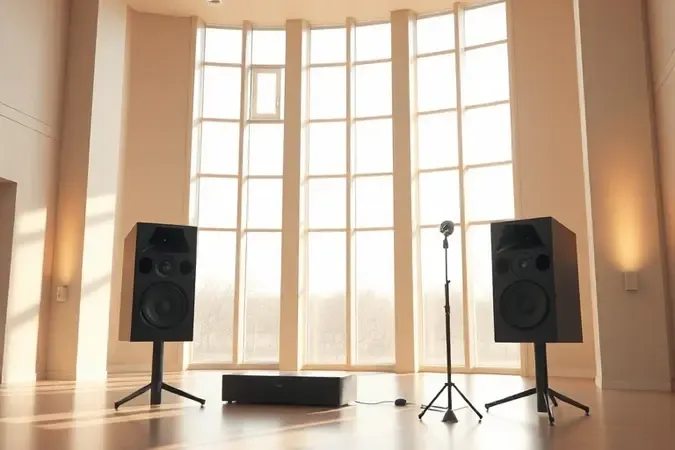 Render conceitual de caixa de som e microfone em espaço de igreja moderno com iluminação natural suave.