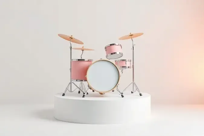 Render 3D de bateria infantil colorida com tambores pastéis sobre pedestal limpo em estúdio minimalista