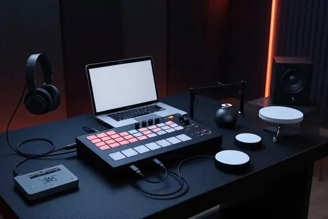 Bateria eletrônica conectada a computador, fones, alto-falante e pads extras em cena conceitual.