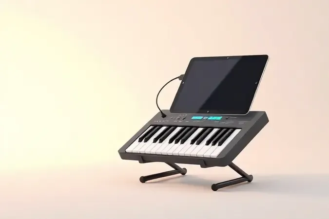 Teclado digital compacto e portátil com tablet e cabo conectados em cena conceito limpa