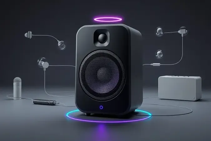 Caixa amplificada com conexões sem fio, entradas para instrumentos e recursos visuais abstratos.