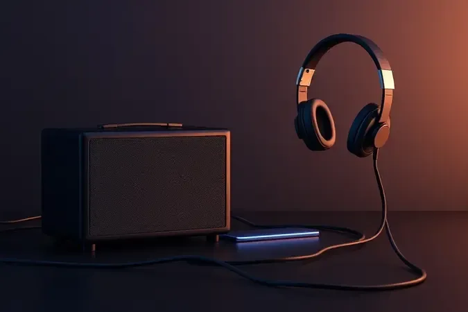 Conceito 3D de amplificador de baixo conectado a interface de áudio e fone de monitoramento de estúdio