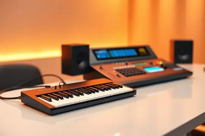 Render 3D de teclado conectado por cabos a mixer de som em mesa de estúdio para igreja
