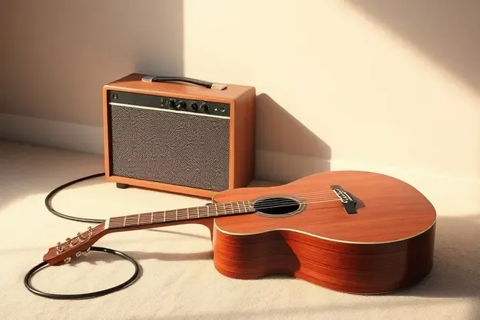 Violão acústico conectado por cabo de áudio a caixa de som sem marca em cena conceitual