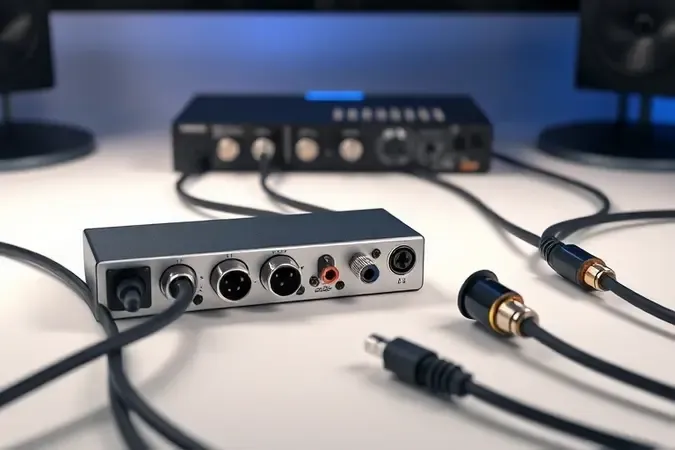 Conexões e portas técnicas de interface de áudio com cabos em render 3D conceitual
