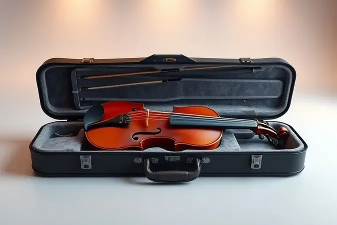 Violino cuidadosamente guardado dentro de estojo protetor aberto sobre superfície suave com iluminação acolhedora.