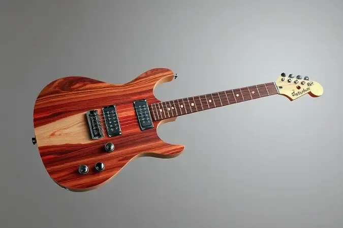 Render conceitual da construção de uma guitarra com peças de madeira e captadores, mostrando anatomia do instrumento.