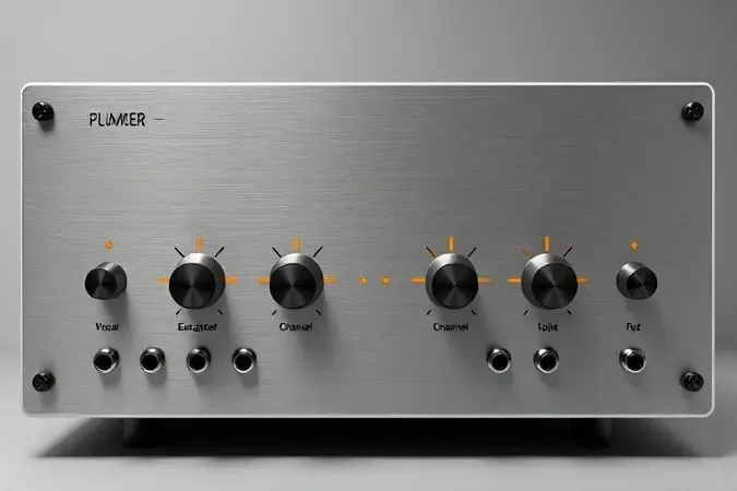 Painel frontal minimalista de amplificador com botões e controles para equalização de som