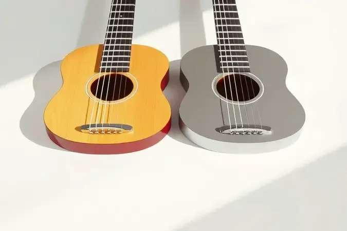 Comparação conceitual em 3D entre cordas de nylon e aço para violão infantil