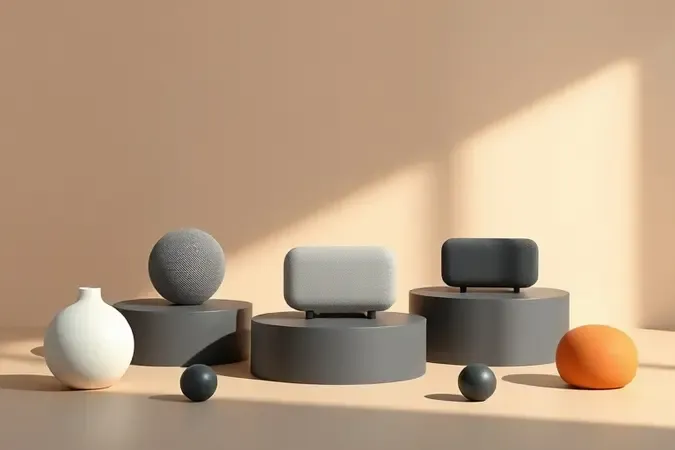 Render 3D de critérios para avaliar caixas de som portáteis, com elementos de áudio, bateria e resistência.