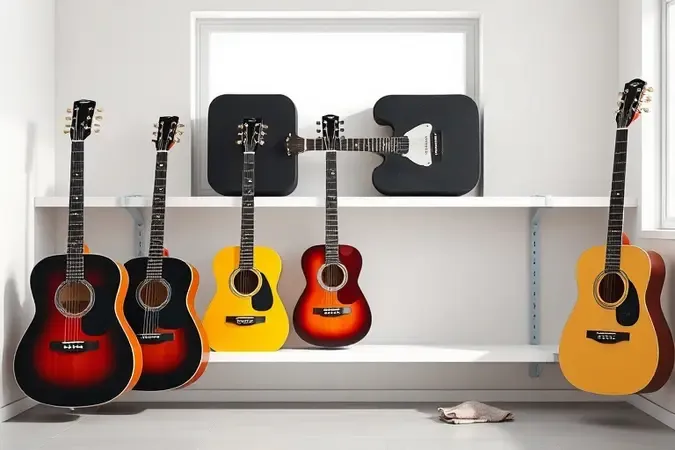 Capas de guitarra armazenadas com organização em prateleira minimalista e iluminação natural suave