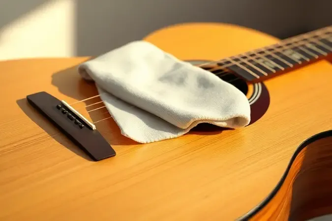 Pano de limpeza sobre corpo de guitarra acústica em cena conceitual premium de cuidado