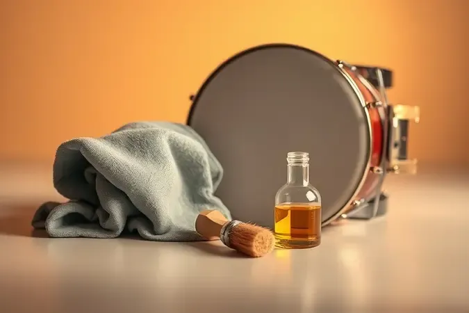 Cena conceituial de cuidado e manutenção de bateria com pano suave e tambor limpo.