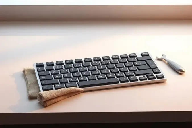 Cena conceitual de cuidado com teclado musical com pano macio dobrado e ferramenta de limpeza em superfície limpa
