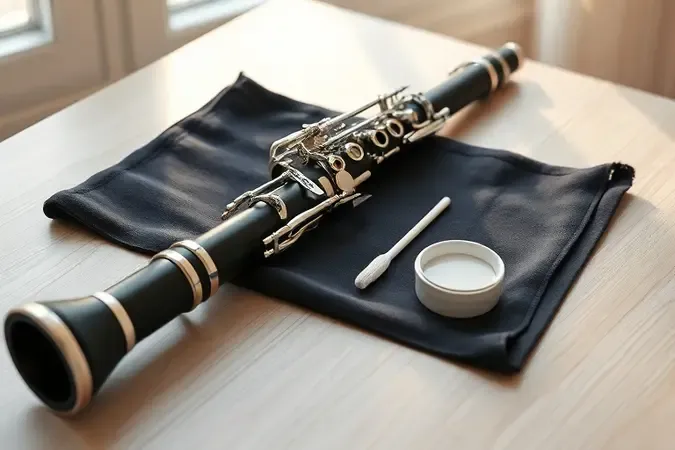 Clarinete sem marca descansando sobre pano escuro com flanela e graxa de vedar em mesa clara, cena de cuidados e manutenção.