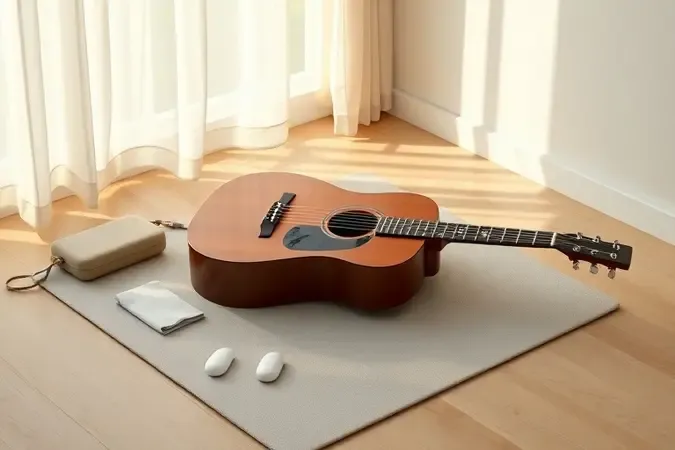 Violão com pano de limpeza e itens de cuidado diário, incluindo conforto da pele dos dedos.