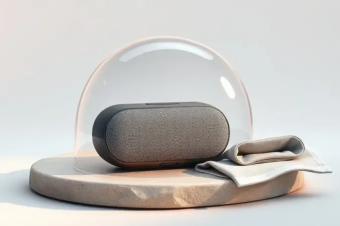Render 3D de cuidados com caixa de som Bluetooth, protegida de água, poeira e impactos.