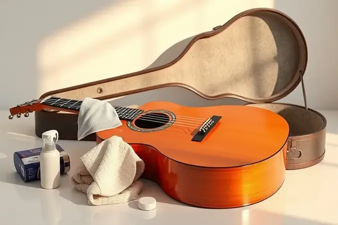 Render conceitual de manutenção de violão clássico com pano, cera e case protetor em superfície limpa e moderna