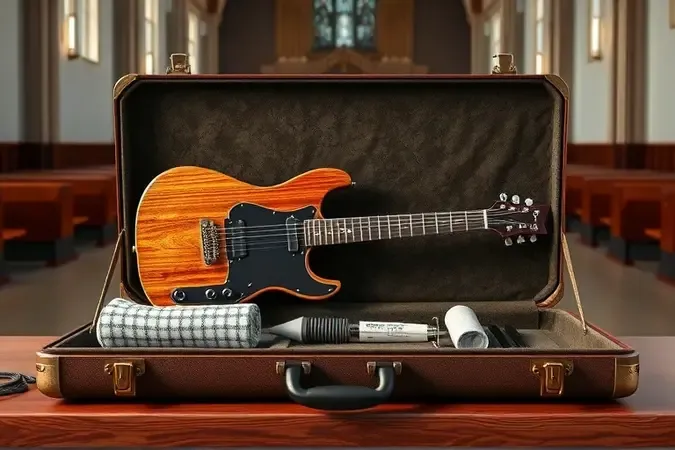 Guitarra genérica protegida em case com acessórios de manutenção para o ministério de louvor.