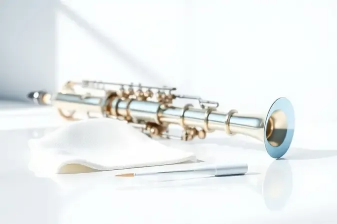 Cena conceitual de limpeza de saxofone com pano, limpa-boquilhas e escova sobre superfície branca